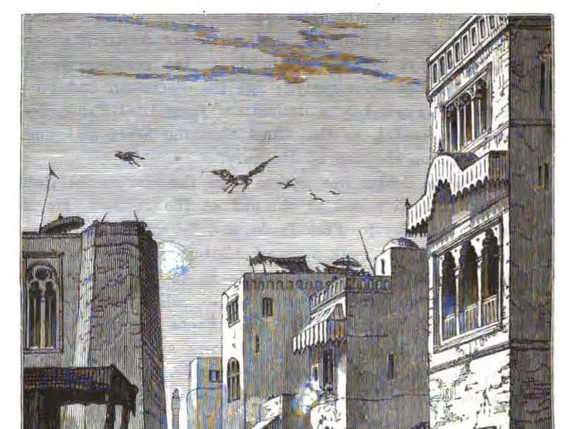 The image shows a poster depicting the British troops entering the Sultanate of Oman. It features a...