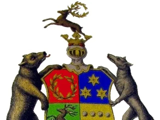 The image shows a coat of arms with two bears standing on top of it, each holding a shield with a...