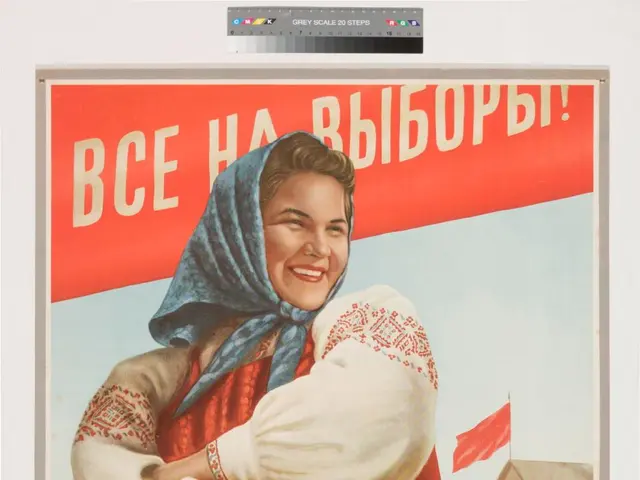 The image shows a Russian propaganda poster from the Soviet Union depicting a woman in a red dress...