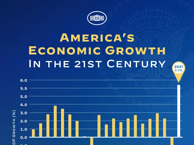 The image shows a blue poster with text and a graph depicting America's economic growth in the 21st...