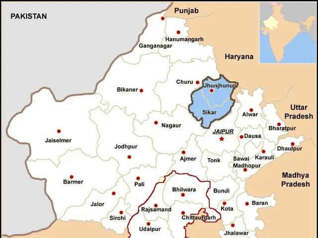 The image shows a political map of Uttar Pradesh, India, with the capital city of Jammu and Kashmir...