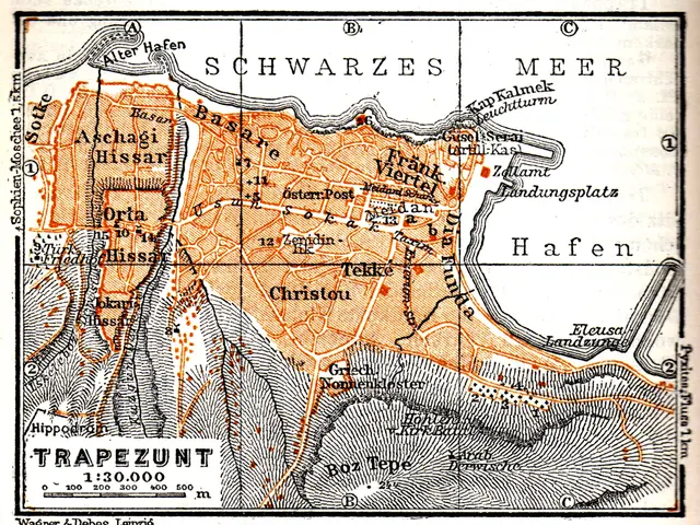 The image shows an old map of the city of Trapezunt, Germany, with text written on it. The map is...