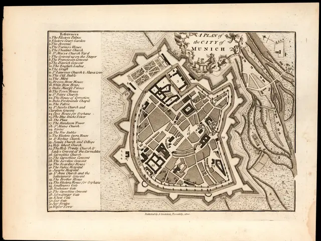 The image shows an old map of the city of Munich, Germany, with a black background. The map is...