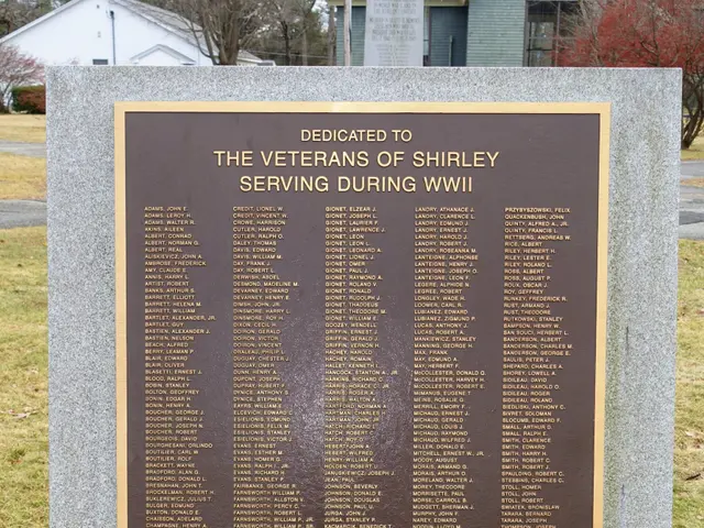 The image shows a memorial stone with a plaque on it in front of a building, surrounded by grass...