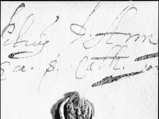 The image shows a black and white photo of a piece of paper with a wax seal on it. The text on the...