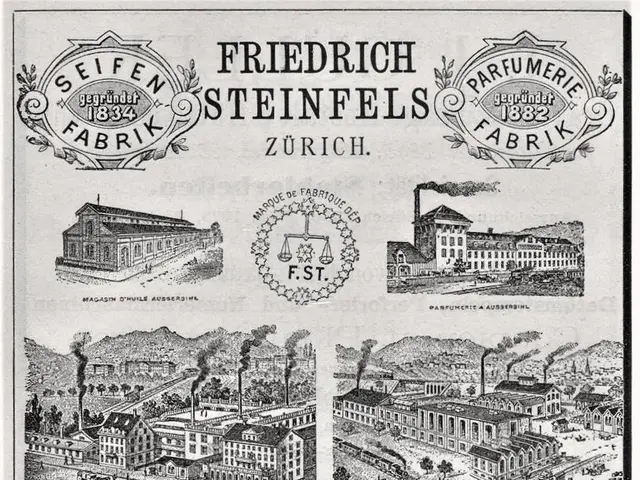 The image shows an old advertisement for Friedrich Steinfels in Zurich, featuring pictures of...