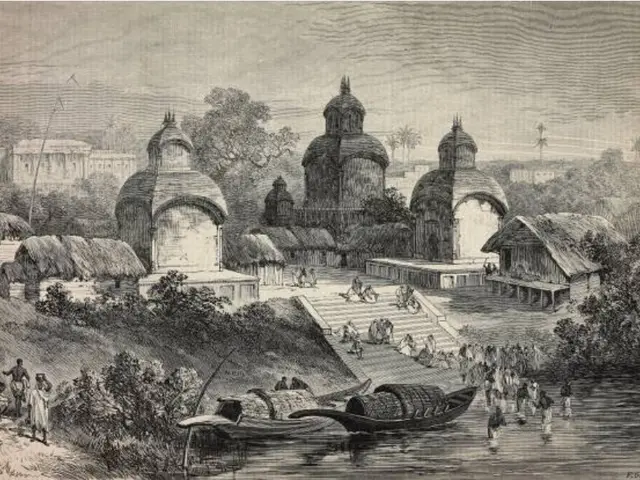 The image shows a black and white drawing of a village with a boat in the water, surrounded by...