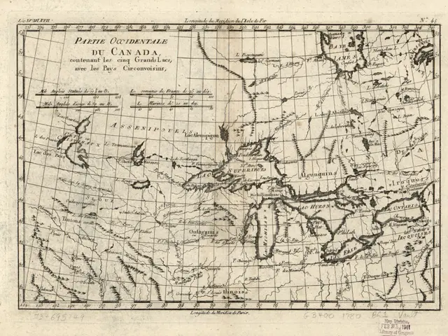 The image shows a paper with a map of the United States and Canada, with text written on it. The...