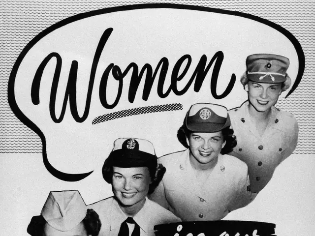 The image shows a black and white poster featuring four women in uniform, with the words "Women in...