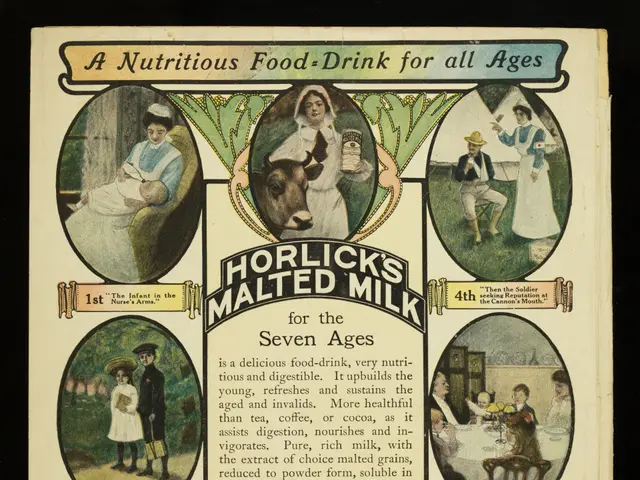 The image shows an old advertisement for Horlicks Malted Milk for the Seven Ages, featuring...