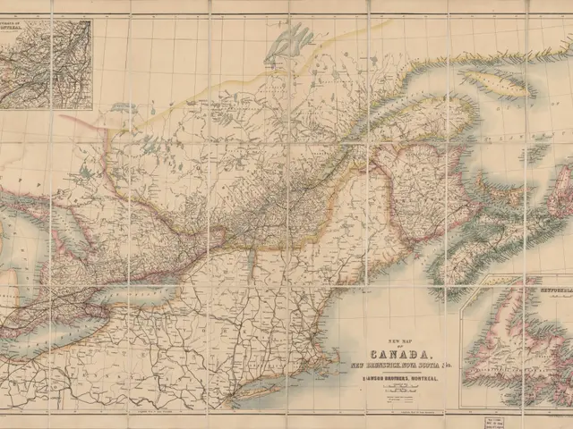 The image shows an old map of Canada with the provinces of New Brunswick, Nova Scotia, and...