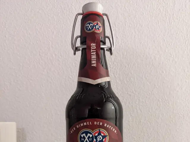 The image shows a bottle of Hacker Pschorr Animator beer sitting on top of a white table, with a...