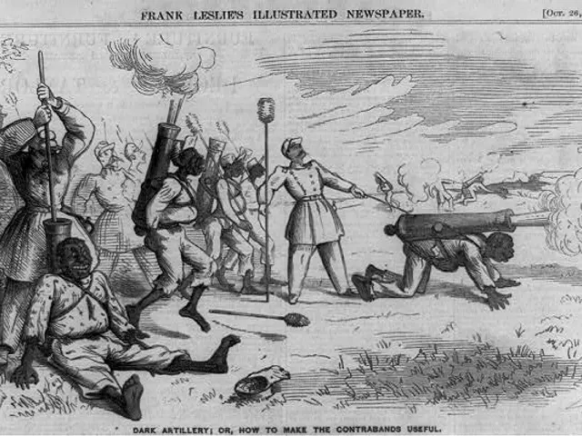 The image shows a black and white cartoon depicting a group of men in a field, with some of them...