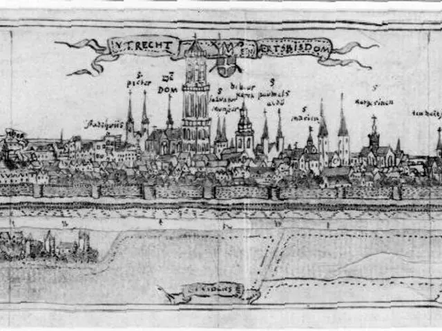 The image shows a black and white drawing of a city with a lot of buildings, depicting a map of the...