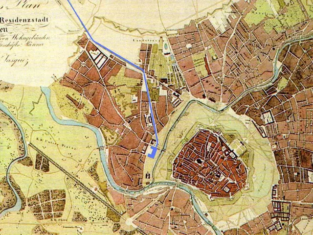 The image shows an old map of the city of Hamburg, Germany, with a blue line running through it....