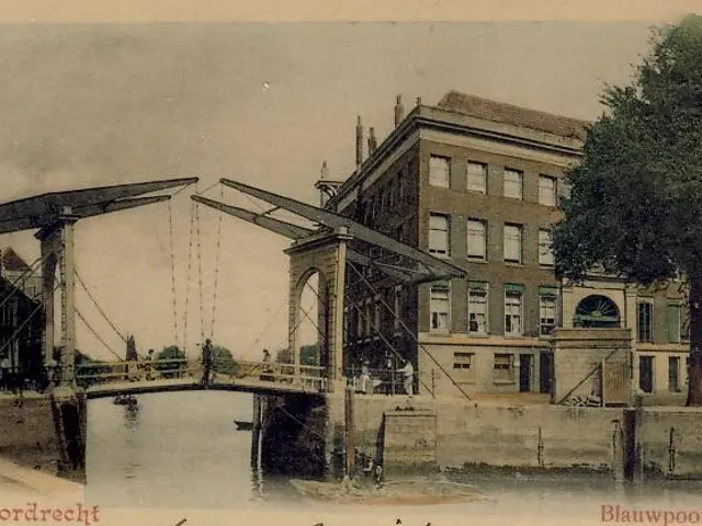The image shows an old photo of a bridge over a river, with buildings, trees, and a clear sky in...