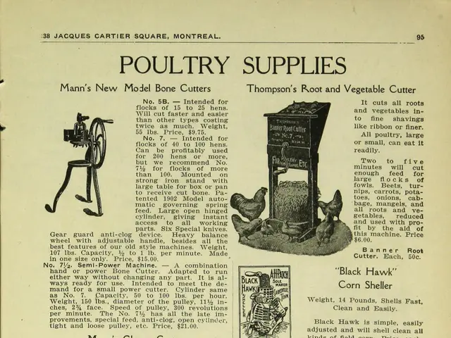 The image shows an old book with a variety of poultry supplies on it, including pictures of...