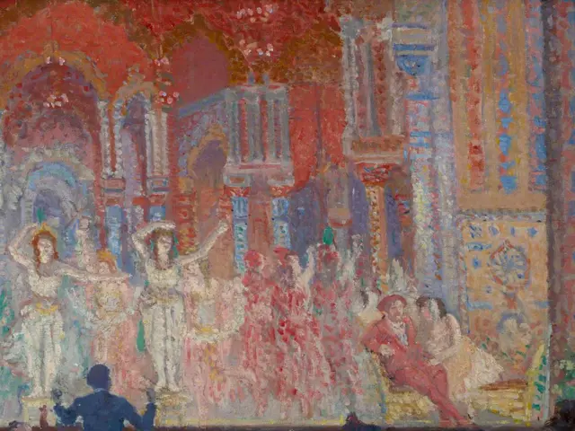 The image shows a painting of a group of people on a stage, with some of them dancing and others...