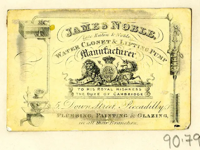 The image shows an old business card with a picture of James Noble Water Closet & Lifting Pump...