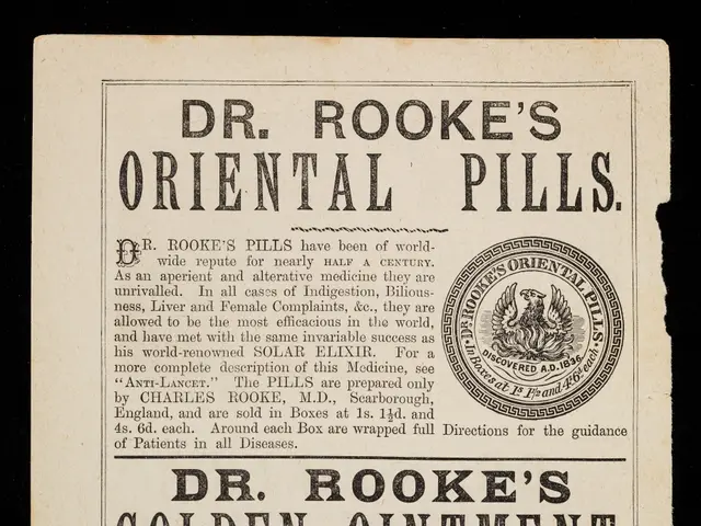 The image shows an old advertisement for Dr. Brooke's Oriental Pills, featuring text and a logo....
