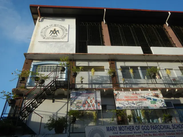 The image shows the Mary Mother of God Parochial School, a building with windows, railings, steps...