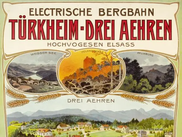 The image shows a poster advertising the electric city of Bergbahn, Germany. It features pictures...