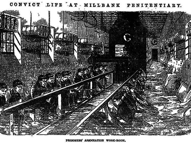 The image shows a black and white drawing of a train station with people sitting on the railway...