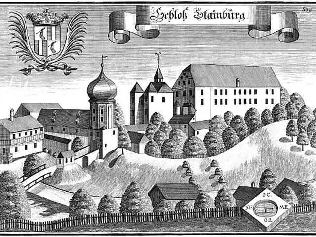The image shows a black and white engraving of a city with a castle in the background, surrounded...