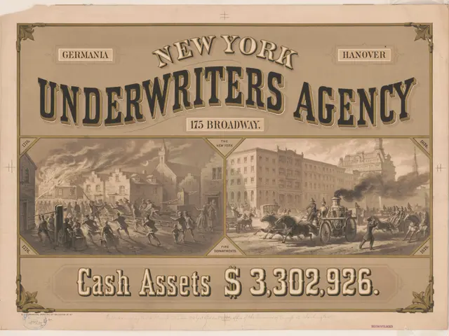 The image shows an old advertisement for the New York Underwriters Agency, featuring a poster with...