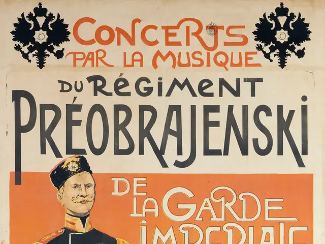 The image shows a poster advertising a concert for the Emperor of Russia, featuring a man in the...