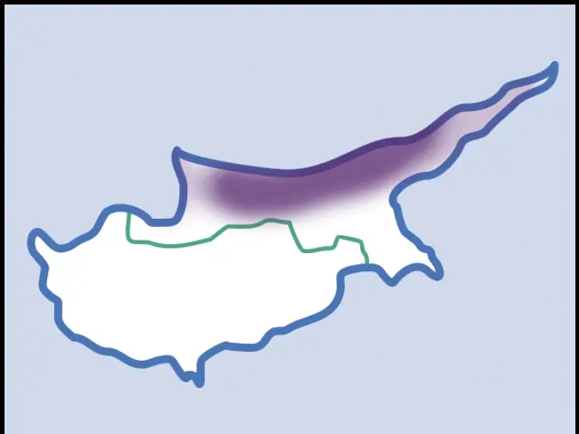 The image shows a map of Cyprus with a purple and green line running through it, set against a...