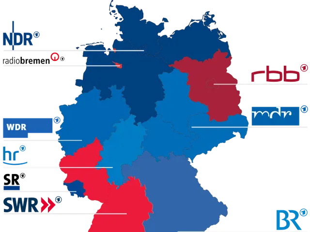 The image shows a map of Germany with the provinces highlighted in red and blue, indicating the...