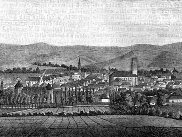 The image shows a black and white drawing of a small town nestled in the middle of a valley,...