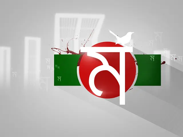 The image shows the Bangladesh flag with a bird perched on top of it. The flag is composed of red,...