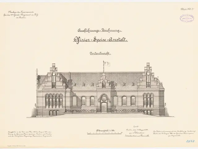 The image shows a drawing of a building with a flag on top of it, which is the main hall of the...