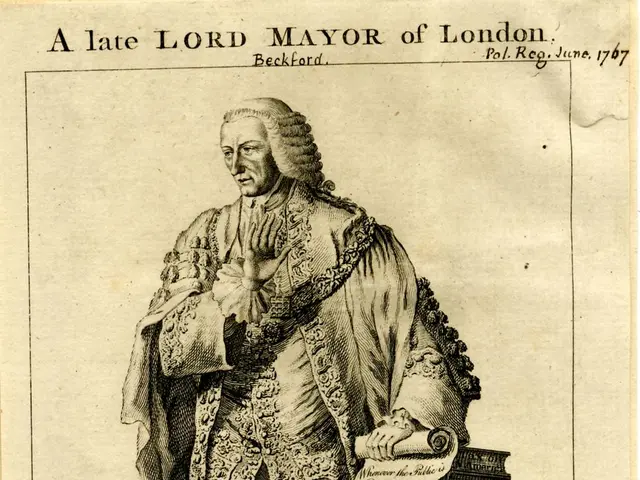 The image shows a late Lord Mayor of London, standing on a pedestal with a paper in his hands. He...