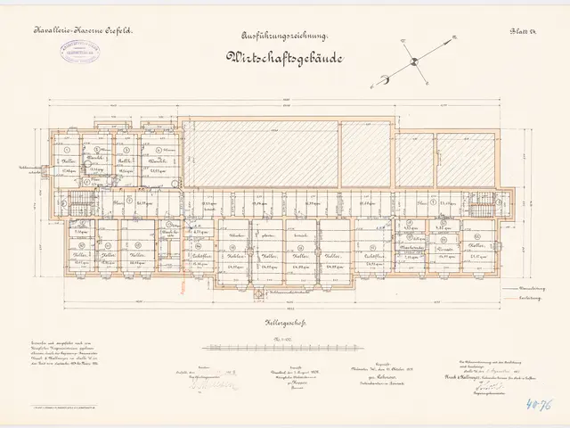 The image shows a drawing of a floor plan of a building with a lot of rooms, which is believed to...