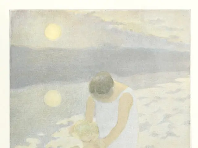 The image shows a painting of a woman holding a child on the beach, with the sun shining brightly...