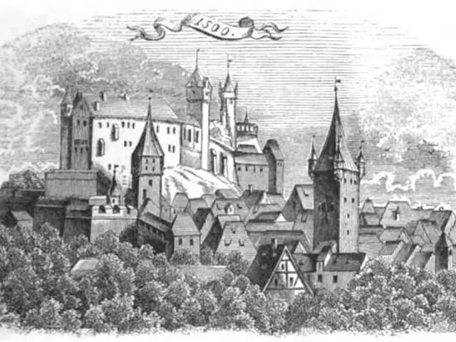 The image shows a black and white drawing of a castle in the middle of a city, surrounded by trees....
