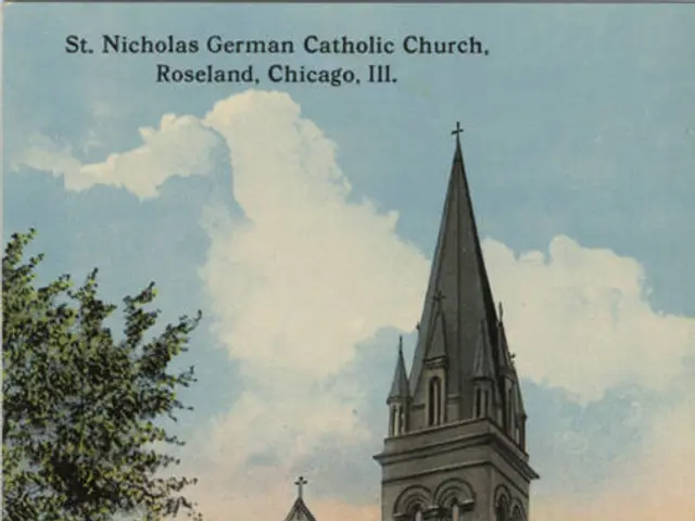 The image shows St. Nicholas German Catholic Church in Roseland, Chicago, Illinois. It is an old...