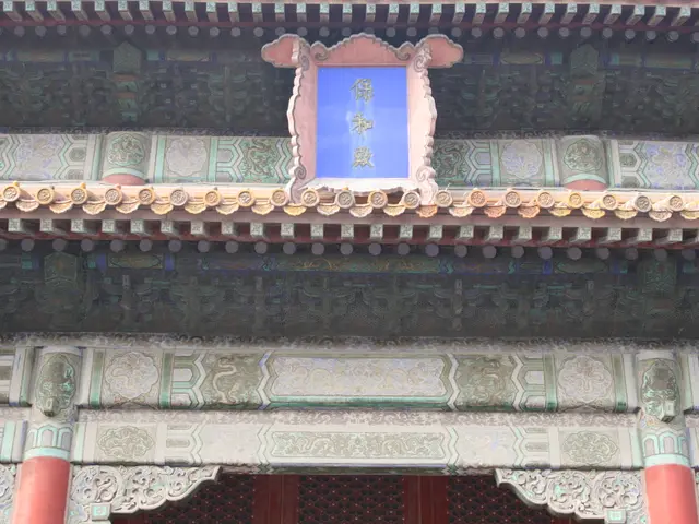 The image shows the entrance to the Forbidden City in Beijing, China. It features a building with...