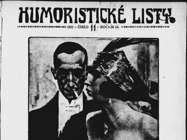 The image shows a black and white photo of a man and woman on the cover of a magazine titled...