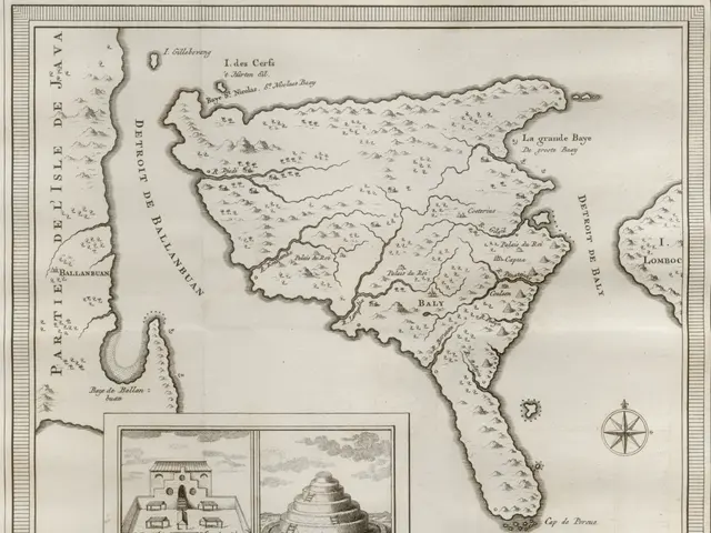 The image shows a poster of a map of the island of Bali, with text and pictures of buildings. The...