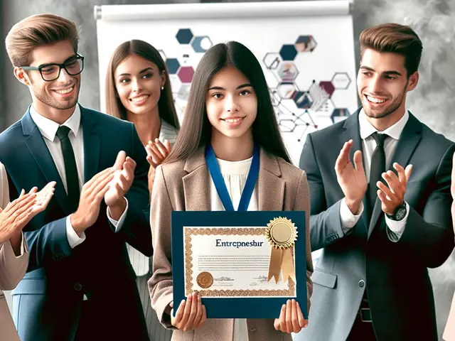 The image shows a group of people standing in front of a whiteboard, clapping and celebrating. The...