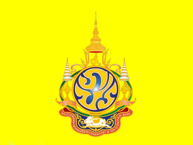 The image shows the logo of the Thai government on a bright yellow background. The logo consists of...