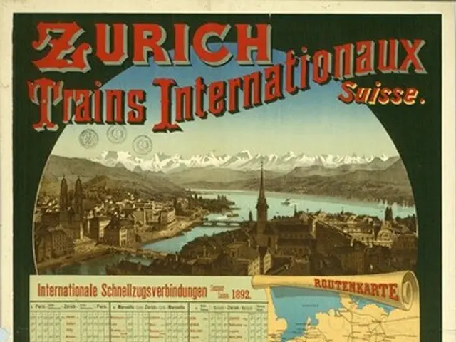 The image shows an old poster advertising Zurich Trains Internationalaux in Switzerland. It...
