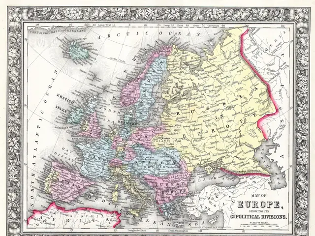 The image shows an old map of Europe with the extent of the British Empire in the background. The...