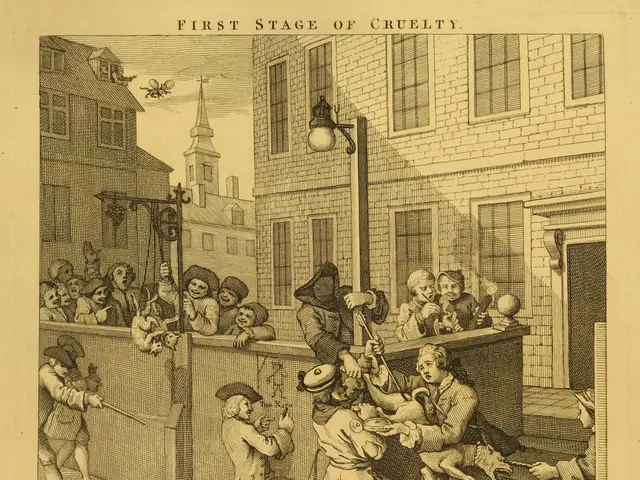 The image shows a paper with a drawing of a group of people and animals in front of a building with...