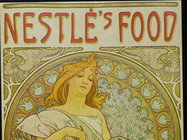 The image shows a poster advertising Nestle's food for infants, featuring a woman holding a baby in...