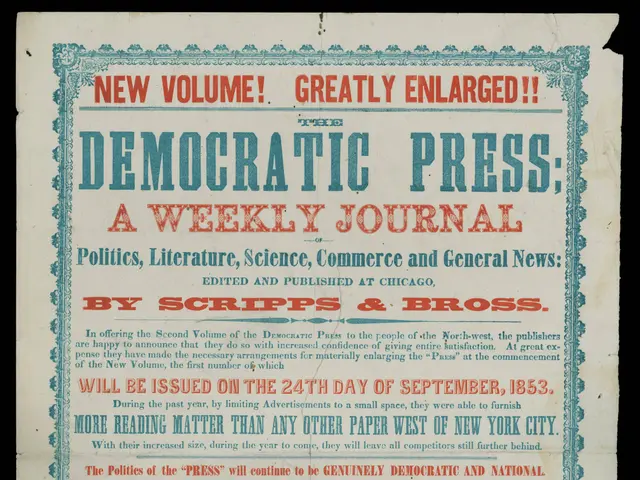 The image shows a paper with the words "Democratic Press: A Weekly Journal" written on it against a...